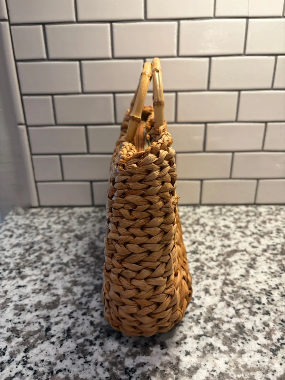 White Stag Woven Straw Tote in Natural Tan with Bamboo Handles - Picture 3 of 9